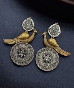 Alternative view of Beautiful Traditional Peacock Two-Tone Earrings | Elegant Dangler with Pearl & Stone Work Statement Jewelry