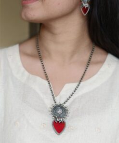 Traditional Silver Replica Nandi Necklace Set With Amazing Monalisa Stone & Pearl Details