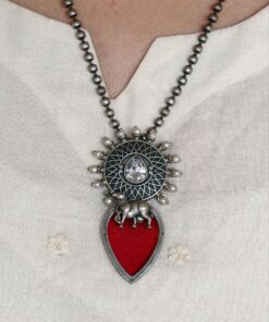 Alternative view of Traditional Silver Replica Nandi Necklace Set With Amazing Monalisa Stone & Pearl Details