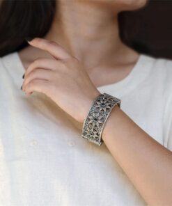 Traditional Oxidized Unique Flower Design Bangle | Silver Replica Ethnic Jewelry for Women