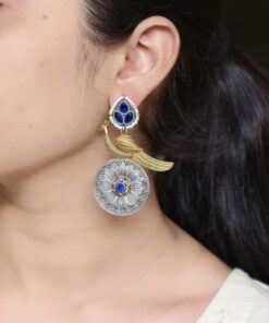 Beautiful Traditional Peacock Two-Tone Earrings | Elegant Dangler with Pearl & Stone Work Statement Jewelry
