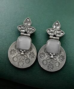 Alternative view of Unique Flower Design Dangler Earrings | Stone Work Silver Replica Oxidized Jewelry
