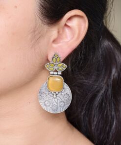 Unique Flower Design Dangler Earrings | Stone Work Silver Replica Oxidized Jewelry