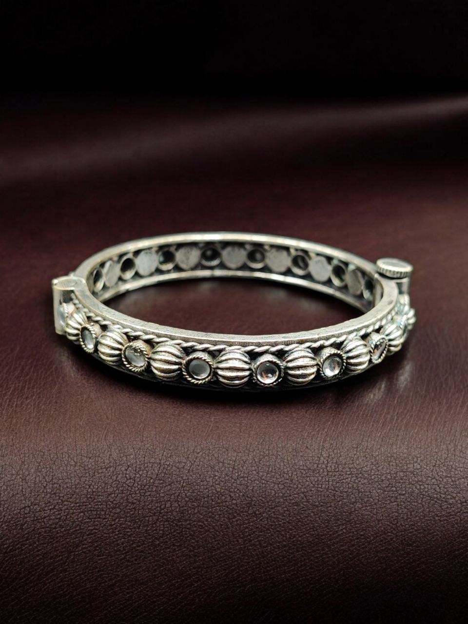 Antique Finish Silver Replica Openable Bangle | Beautiful Design with Stone Work Jewelry - Image 10