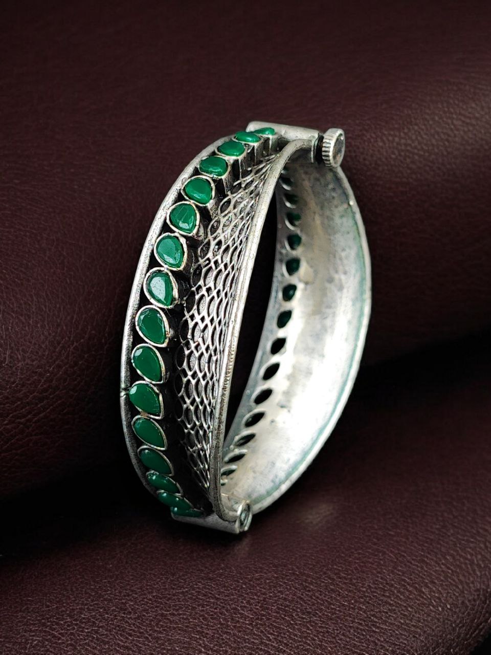 Handcrafted Unique Design Oxidized Openable Bangle | Stone Work Silver Replica Jewelry - Image 11