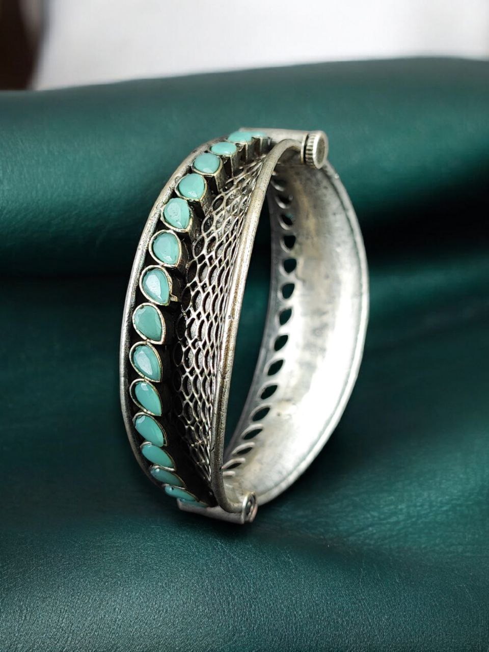 Handcrafted Unique Design Oxidized Openable Bangle | Stone Work Silver Replica Jewelry - Image 8