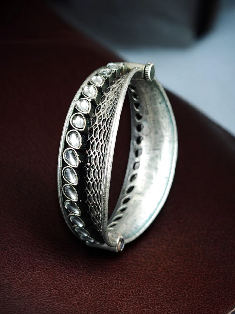 Handcrafted Unique Design Oxidized Openable Bangle | Stone Work Silver Replica Jewelry - Image 9