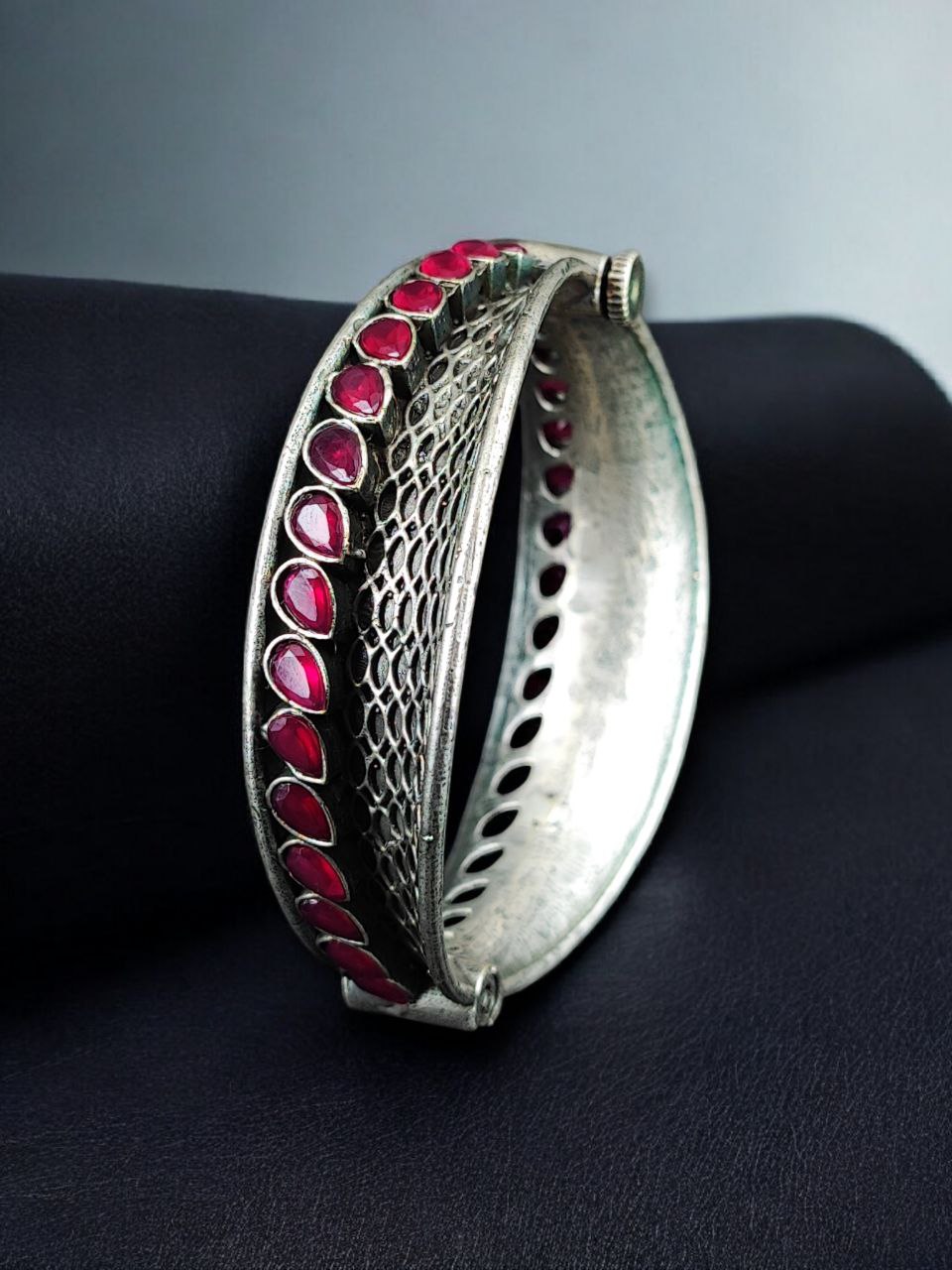 Handcrafted Unique Design Oxidized Openable Bangle | Stone Work Silver Replica Jewelry - Image 10