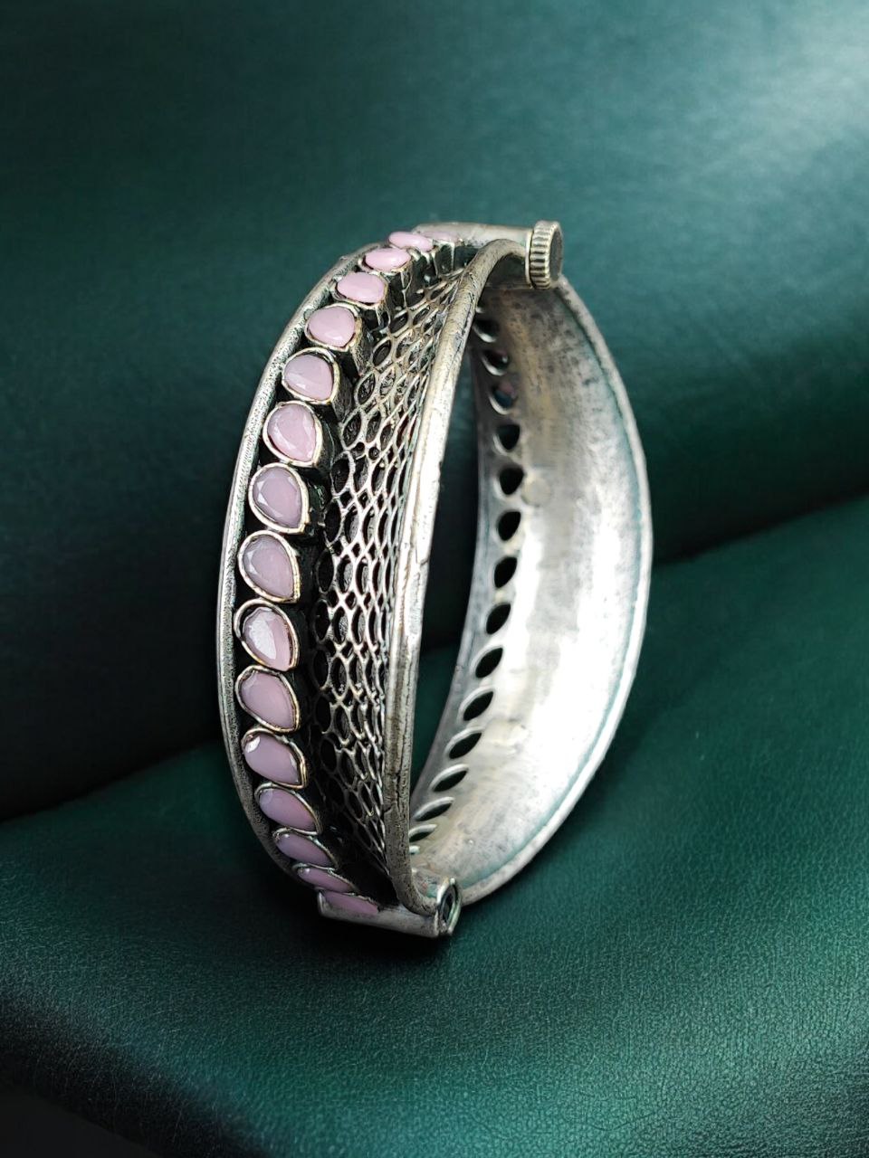 Handcrafted Unique Design Oxidized Openable Bangle | Stone Work Silver Replica Jewelry - Image 6