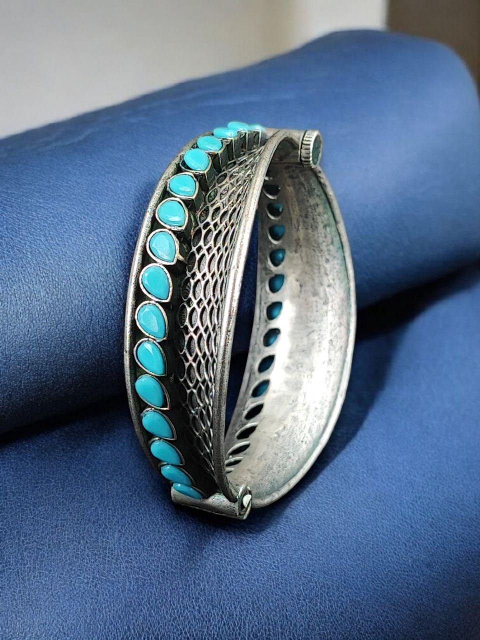 Handcrafted Unique Design Oxidized Openable Bangle | Stone Work Silver Replica Jewelry - Image 4