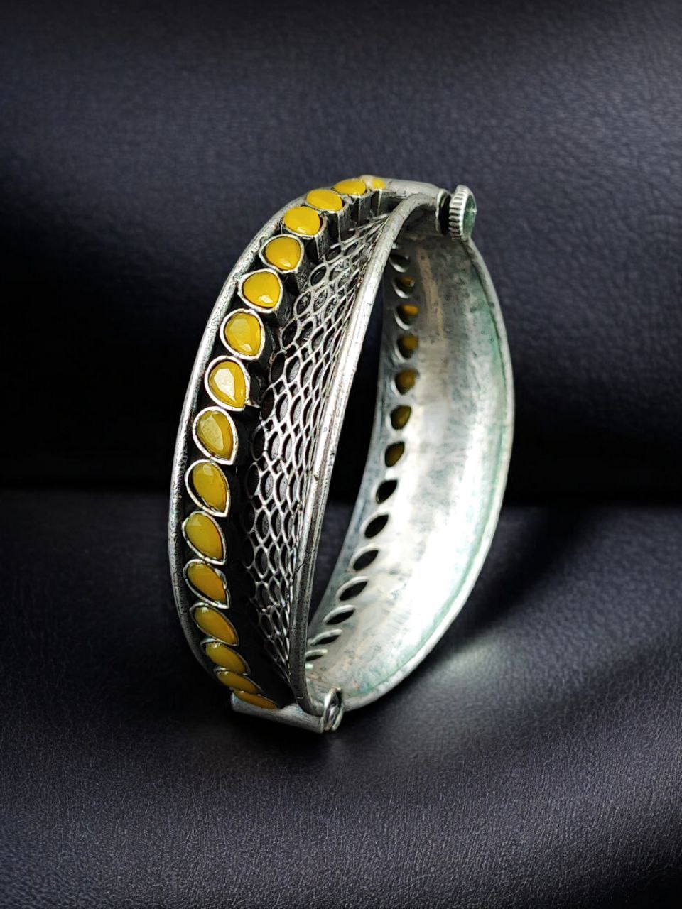 Handcrafted Unique Design Oxidized Openable Bangle | Stone Work Silver Replica Jewelry - Image 5