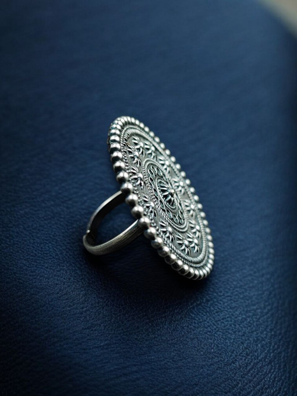 Traditional Flower Design Ring | Round Shape Best Oxidized Silver Replica Adjustable Jewelry - Image 3