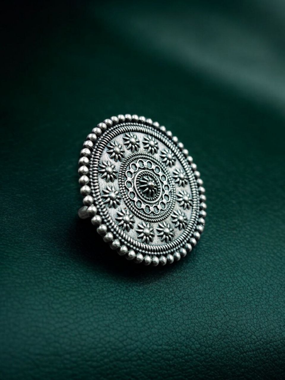 Traditional Flower Design Ring | Round Shape Best Oxidized Silver Replica Adjustable Jewelry - Image 5