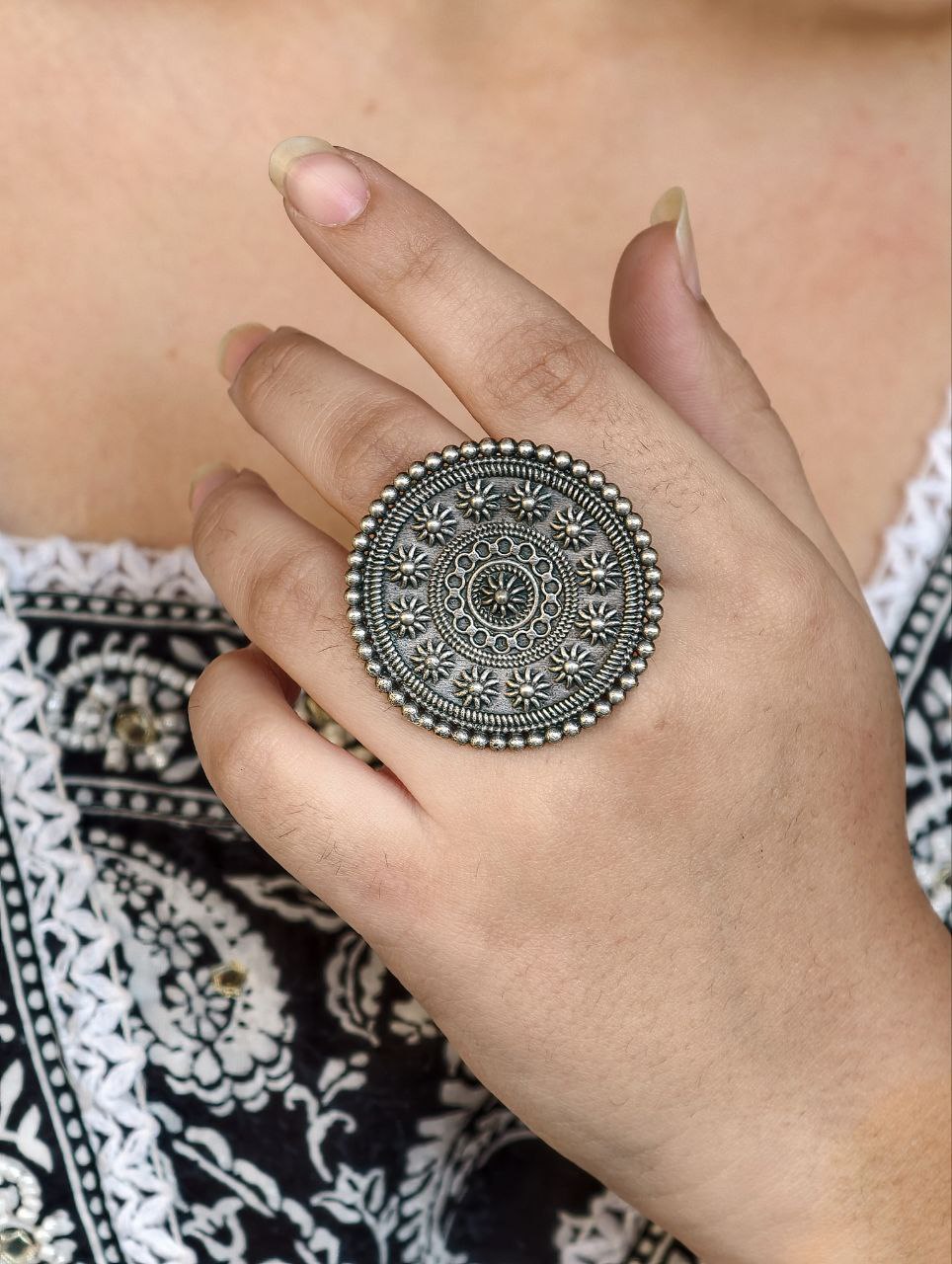 Traditional Flower Design Ring | Round Shape Best Oxidized Silver Replica Adjustable Jewelry - Image 4