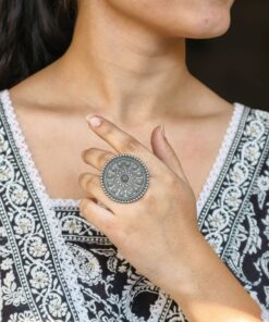Traditional Flower Design Ring | Round Shape Best Oxidized Silver Replica Adjustable Jewelry