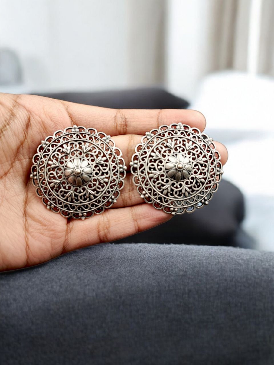 Handcrafted Floral Art Stud Earrings | Silver Replica Daily Wear Best Oxidized Jewelry Gift For Her - Image 2