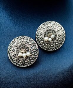 Alternative view of Stylish Heart Design Earrings | Oxidized Silver Replica Pearl Detailing Beautiful Earring