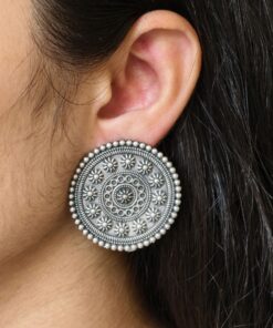Round Shape Oxidized Stud Earrings | Silver Replica Traditional Amazing Jewelry For Girls