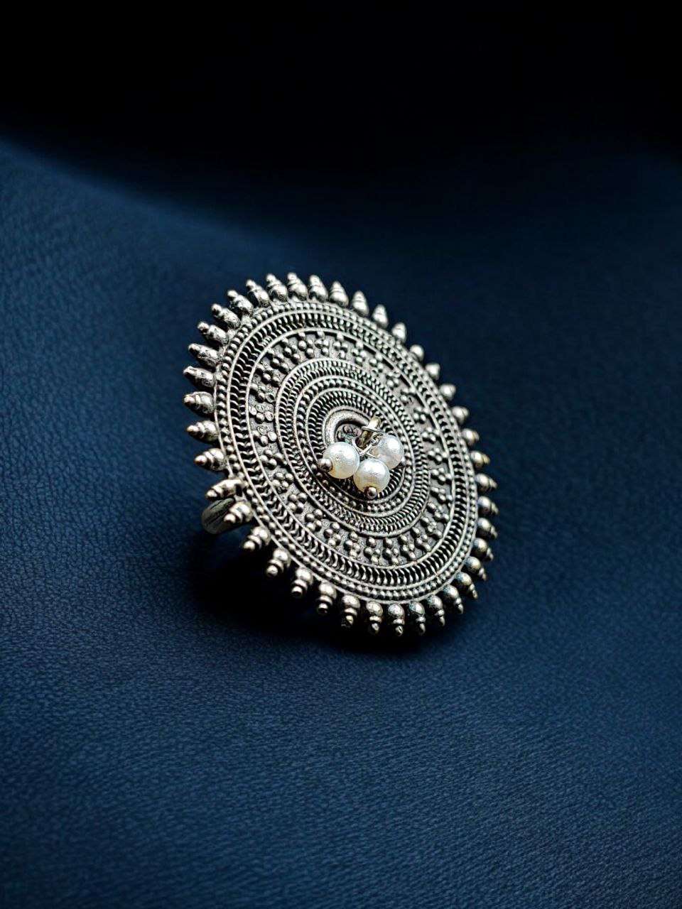 Ethnic Style Round Adjustable Oxidized Ring | Silver Replica Best Pearl Work Jewelry - Image 3