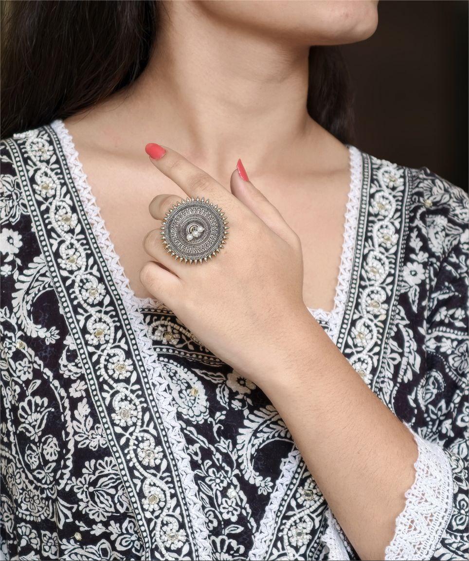 Ethnic Style Round Adjustable Oxidized Ring | Silver Replica Best Pearl Work Jewelry