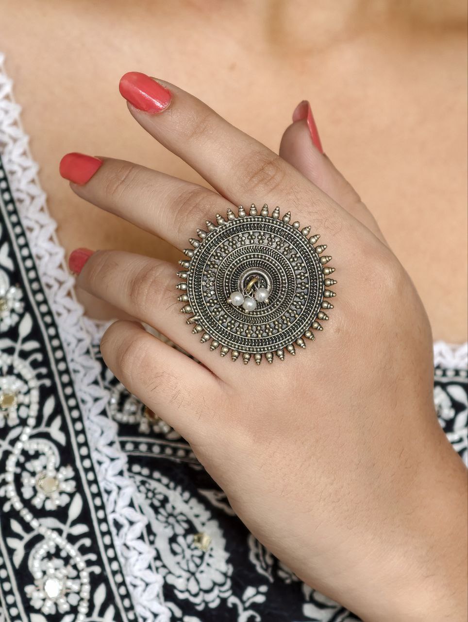 Ethnic Style Round Adjustable Oxidized Ring | Silver Replica Best Pearl Work Jewelry - Image 4