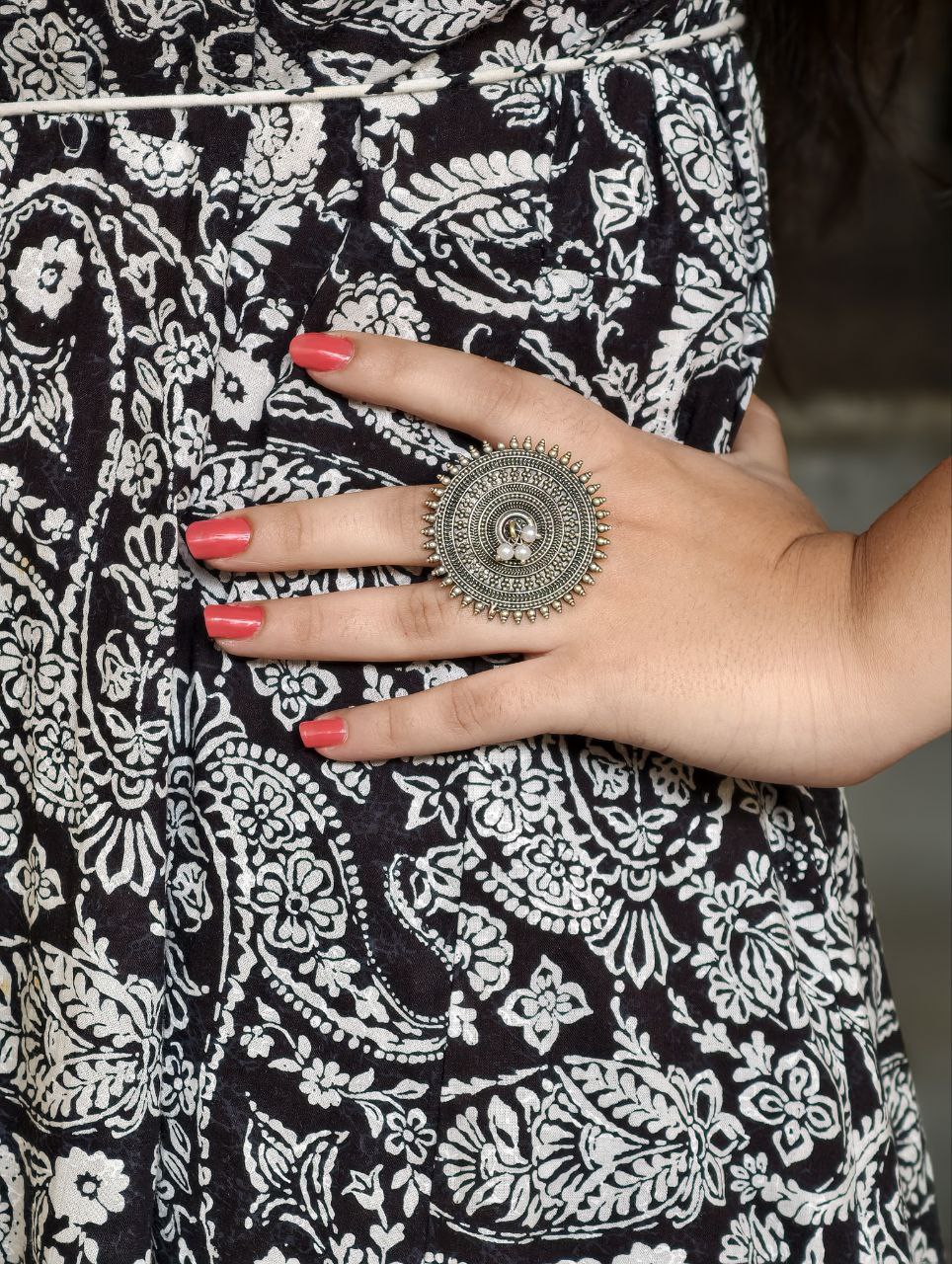 Ethnic Style Round Adjustable Oxidized Ring | Silver Replica Best Pearl Work Jewelry - Image 2