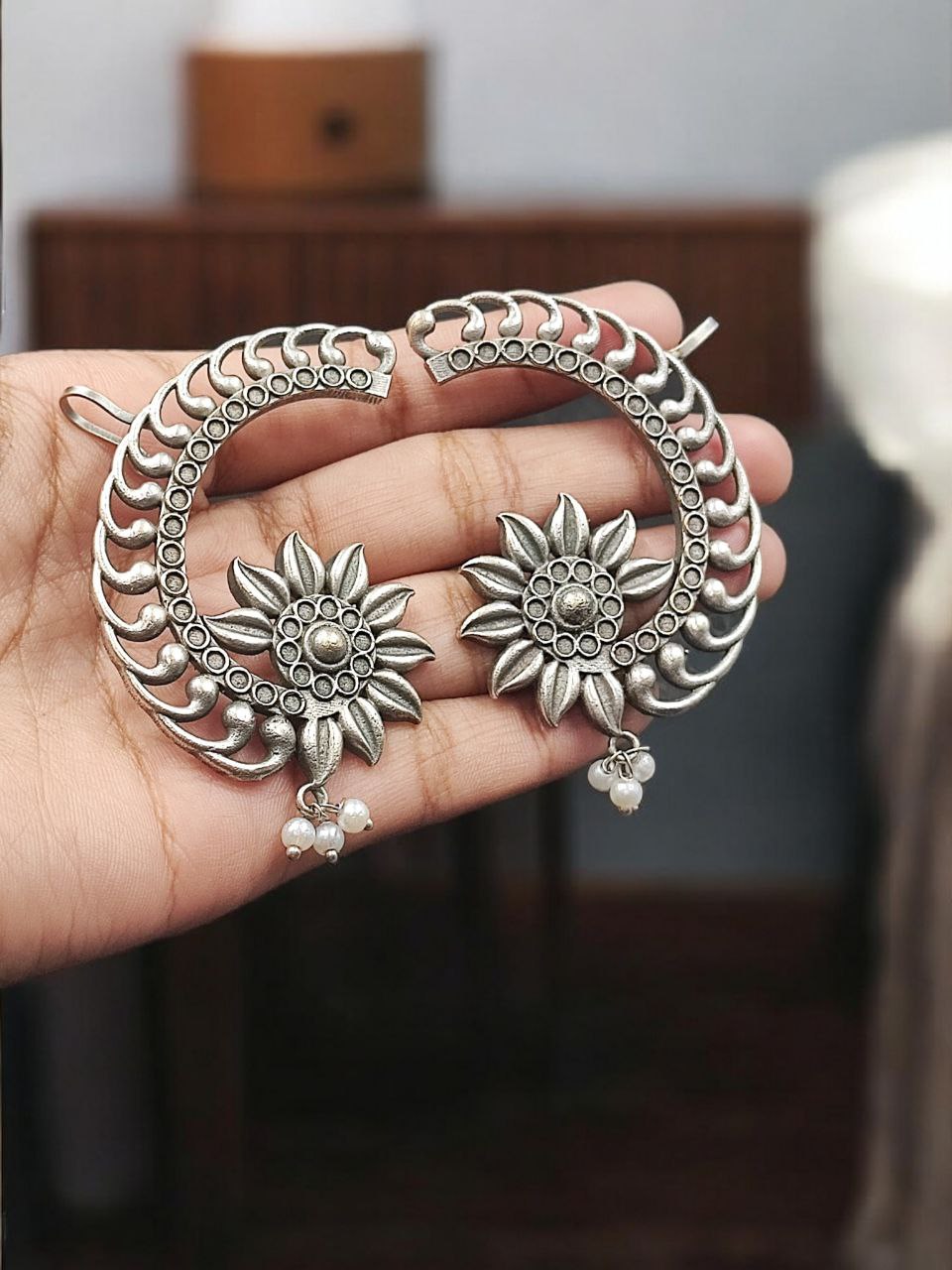 Silver Replica Flower Design Unique Earcuff | Oxidized Ethnic Jewelry Perfect Gift For Her - Image 3
