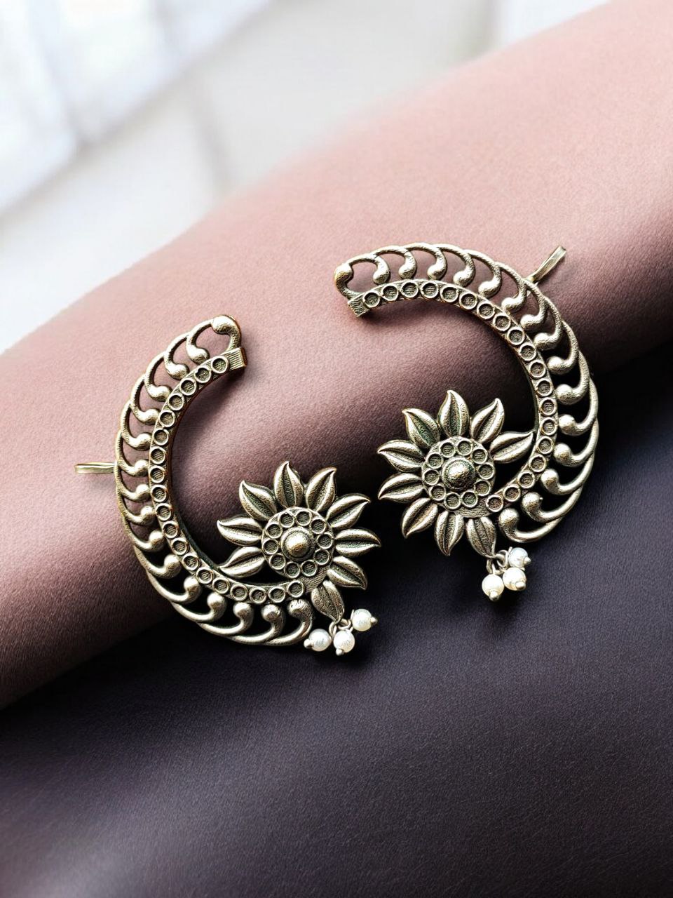 Silver Replica Flower Design Unique Earcuff | Oxidized Ethnic Jewelry Perfect Gift For Her - Image 2