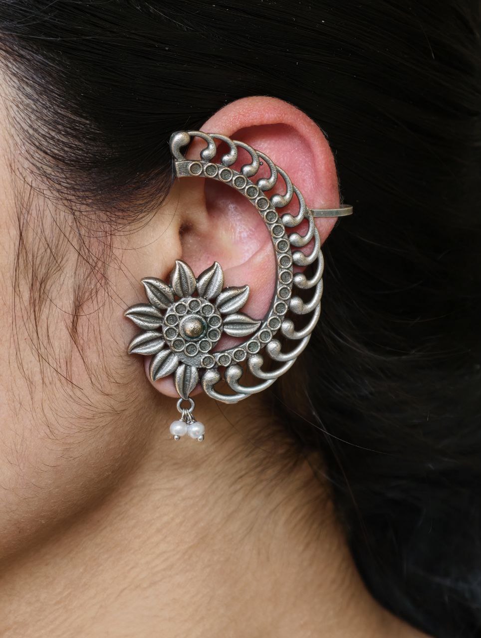 Silver Replica Flower Design Unique Earcuff | Oxidized Ethnic Jewelry Perfect Gift For Her