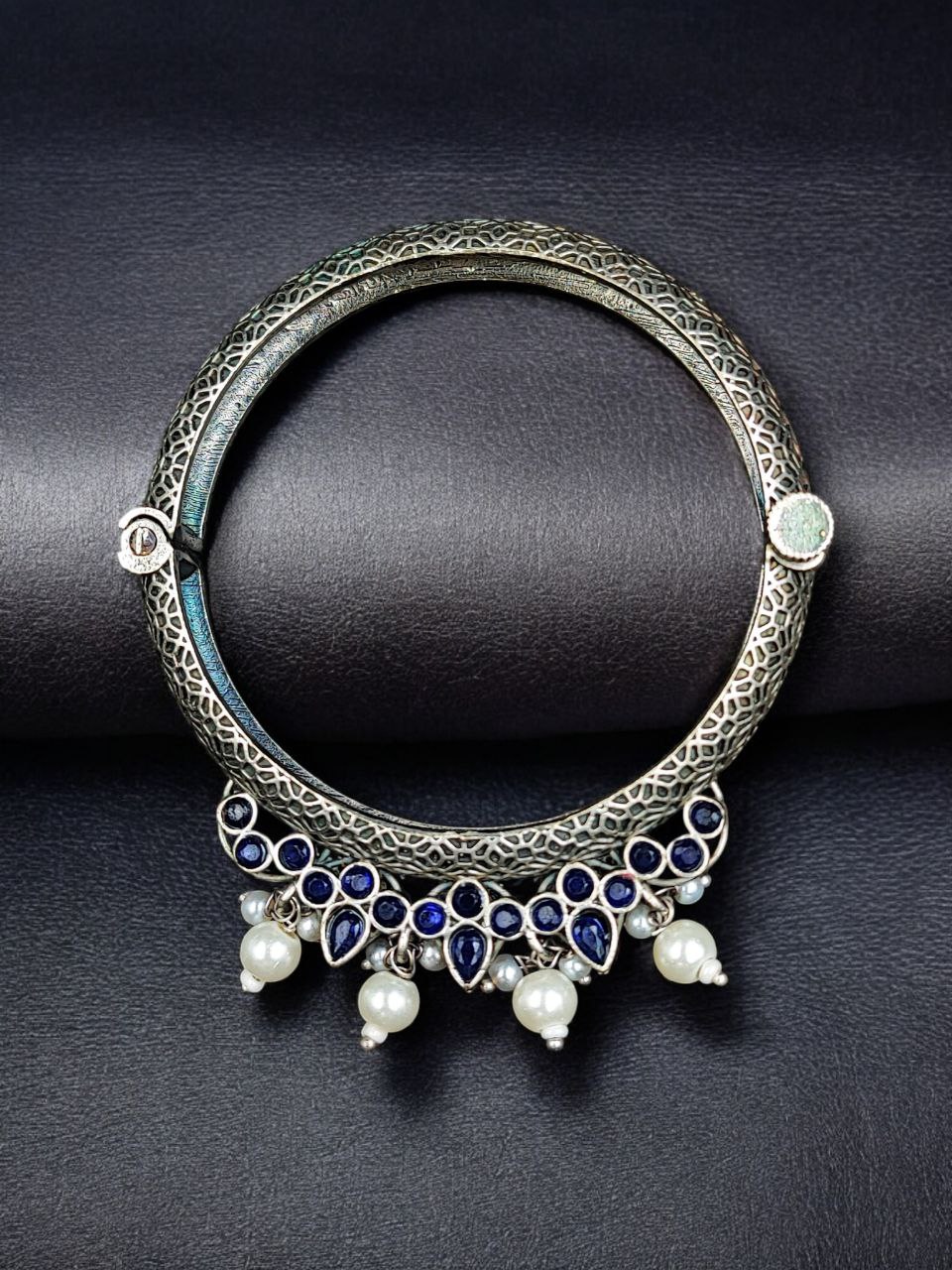 Traditional Silver Look alike Openable Bangle | Stone Pearl & Work Beautiful Kada - Image 11