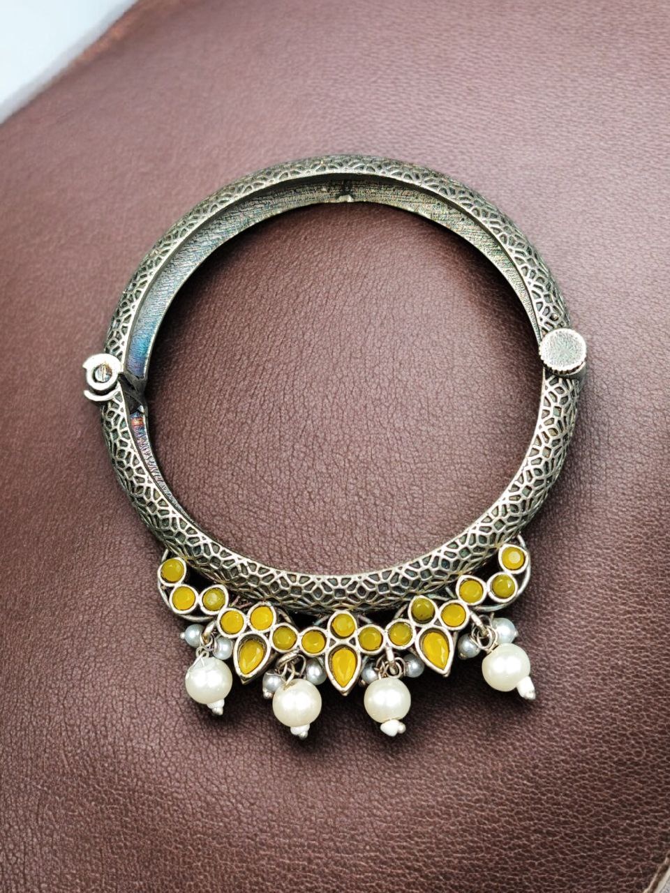 Traditional Silver Look alike Openable Bangle | Stone Pearl & Work Beautiful Kada - Image 10