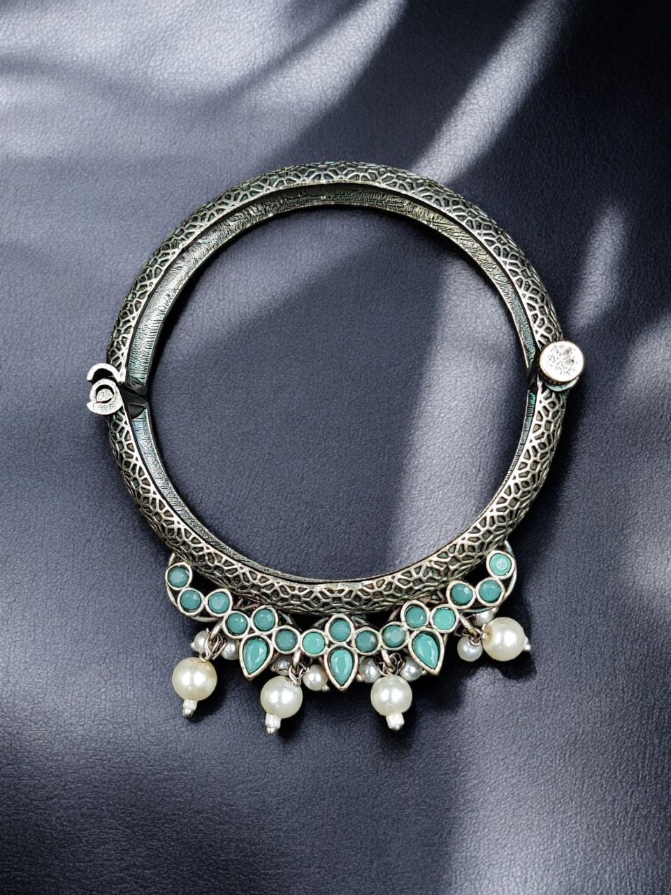 Traditional Silver Look alike Openable Bangle | Stone Pearl & Work Beautiful Kada - Image 9