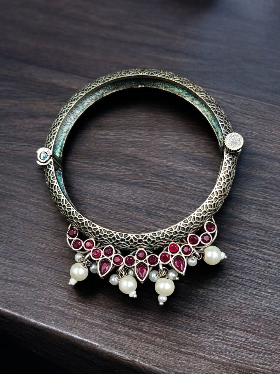 Traditional Silver Look alike Openable Bangle | Stone Pearl & Work Beautiful Kada - Image 4