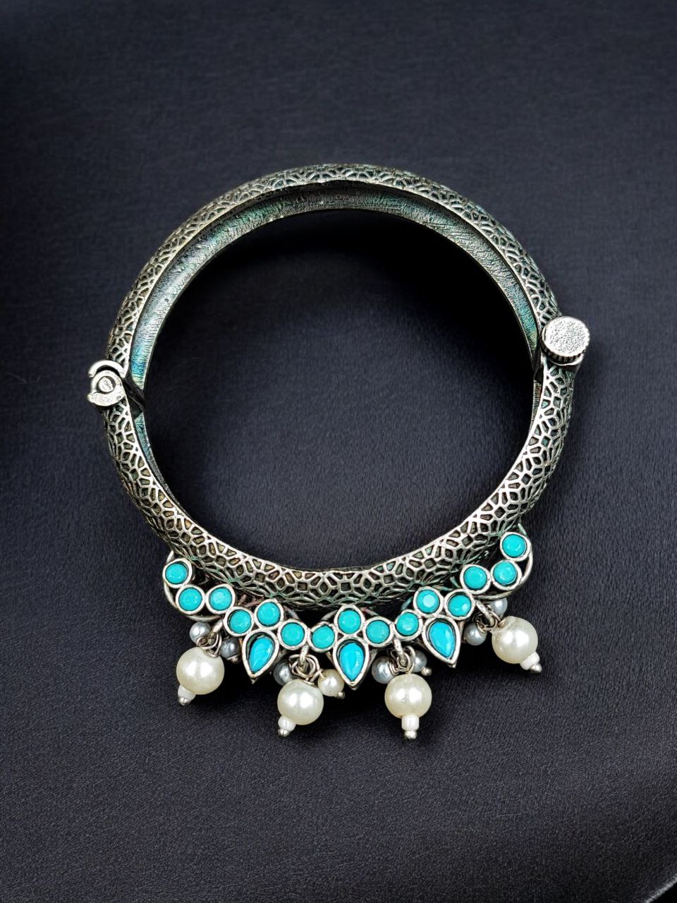 Traditional Silver Look alike Openable Bangle | Stone Pearl & Work Beautiful Kada - Image 5