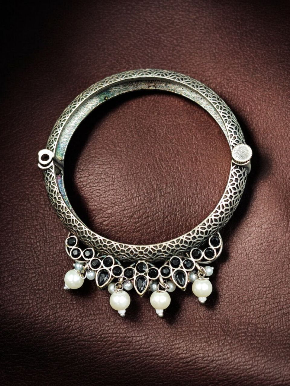 Traditional Silver Look alike Openable Bangle | Stone Pearl & Work Beautiful Kada - Image 3