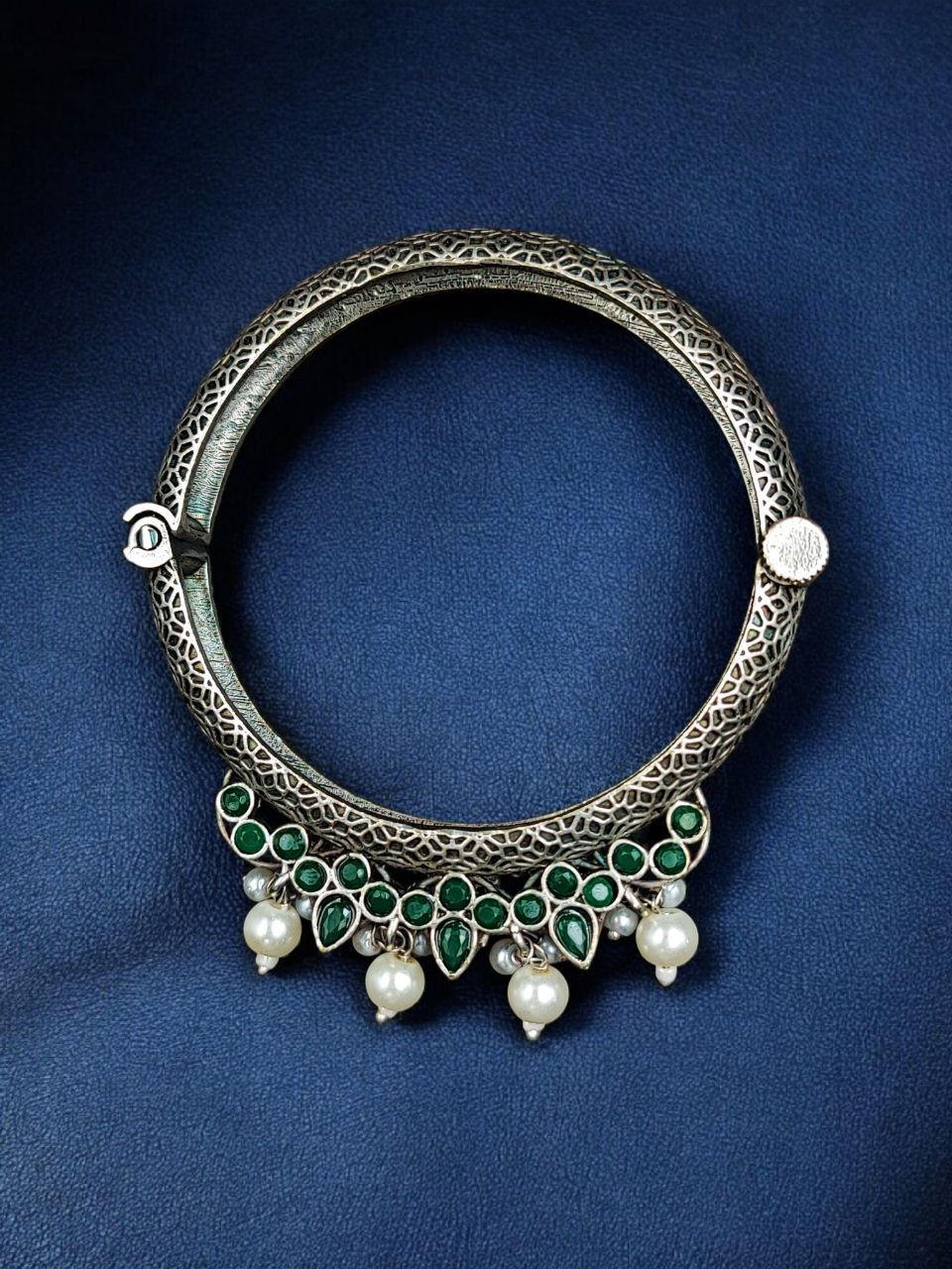 Traditional Silver Look alike Openable Bangle | Stone Pearl & Work Beautiful Kada - Image 12