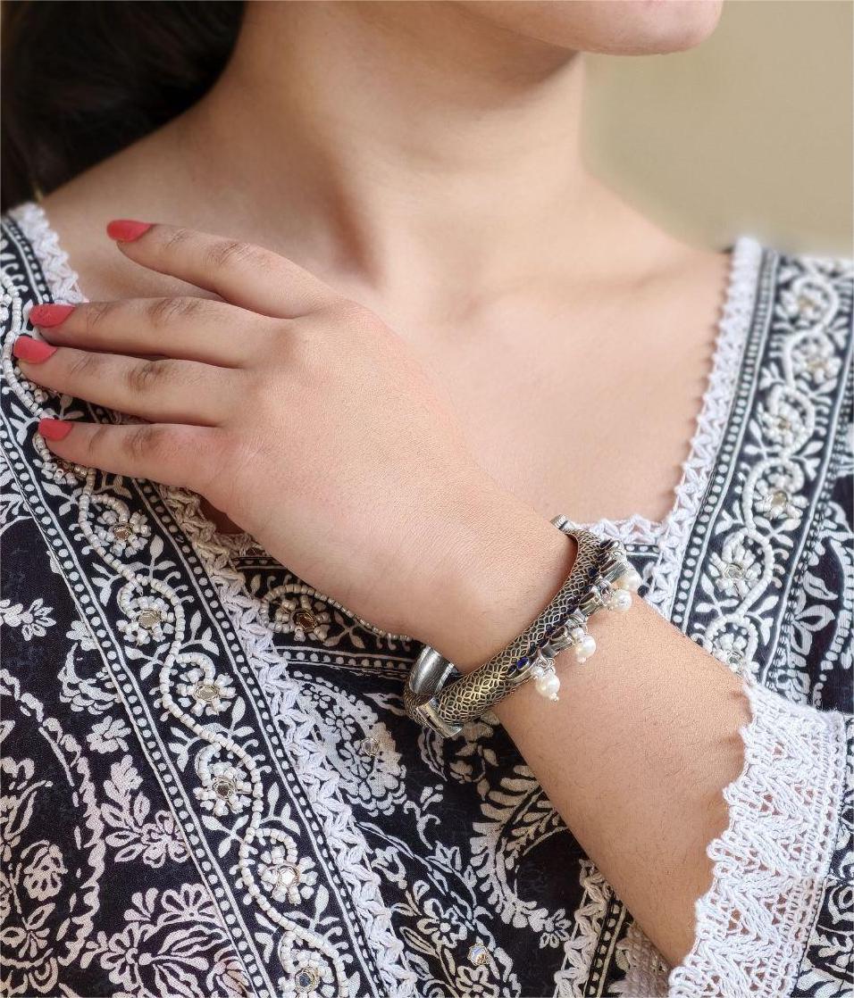 Traditional Silver Look alike Openable Bangle | Stone Pearl & Work Beautiful Kada