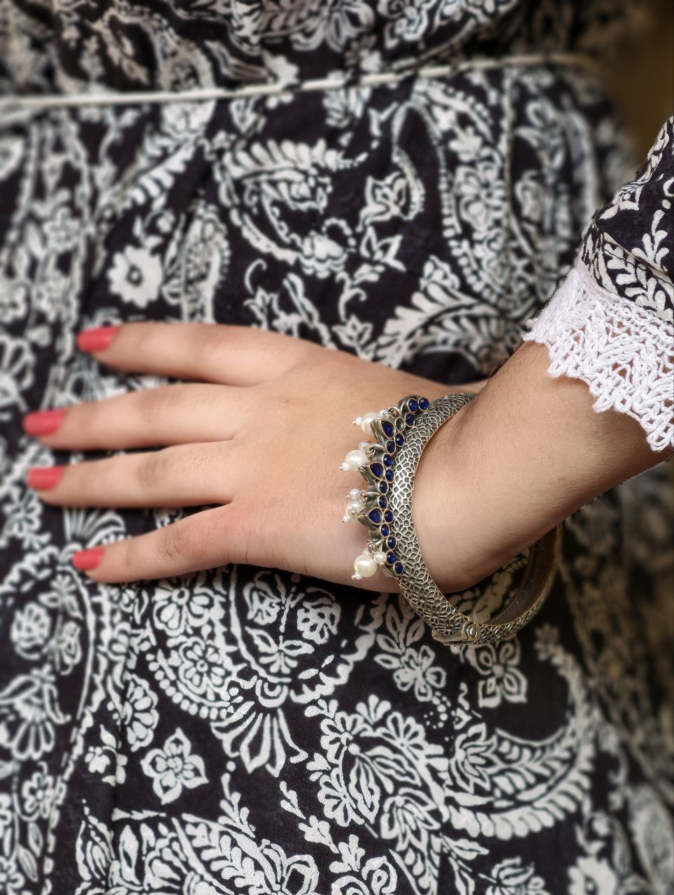 Traditional Silver Look alike Openable Bangle | Stone Pearl & Work Beautiful Kada - Image 8