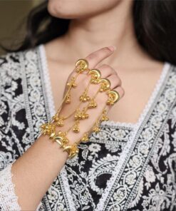 Gold Plated Moon Kashmiri Hathphool | Unique Chain Bracelet with Adjustable Ring