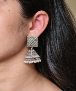 Traditional Oxidized Jhumka Earrings | Best Silver Replica Floral Art Design with Pearl Detailing