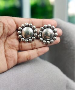 Alternative view of Oxidized Silver Plated Flower Design Stud Earrings | Amazing Traditional Jewelry