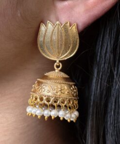 Alternative view of Beautiful Gold Plated Lotus Jhumka Earrings | Pearl Detailing Traditional Dangler Jewelry