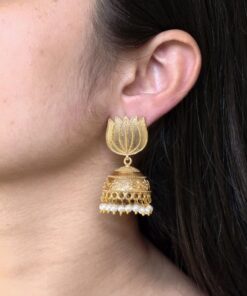 Beautiful Gold Plated Lotus Jhumka Earrings | Pearl Detailing Traditional Dangler Jewelry