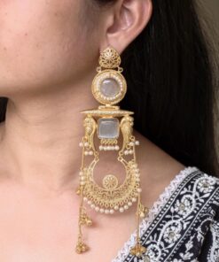 Alternative view of Traditional Gold Plated Parrot Design Kashmiri Earrings | Beautiful Pearl Detailing Jewelry