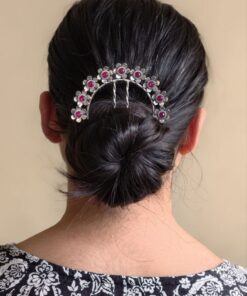 Ethnic Silver Plated Flower Bun Stick | Beautiful Hair Accessory with Stone Work