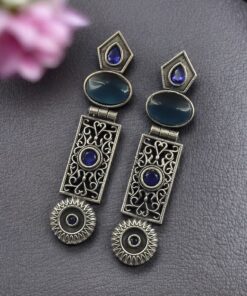 Beautiful Silver Replica Oxidized Dangler Earrings | Monalisa Stone Floral Art Jewelry
