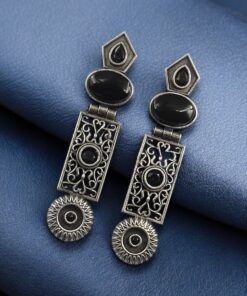 Alternative view of Beautiful Silver Replica Oxidized Dangler Earrings | Monalisa Stone Floral Art Jewelry