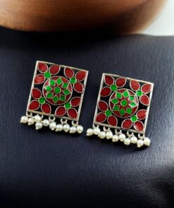 Traditional Silver Plated Meenakari Stud Earrings | Oxidized Pearl Work Amazing Jewelry