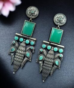 Beautiful Design Silver Replica Peacock Dangler Earrings | Stone Work Oxidized Jewelry