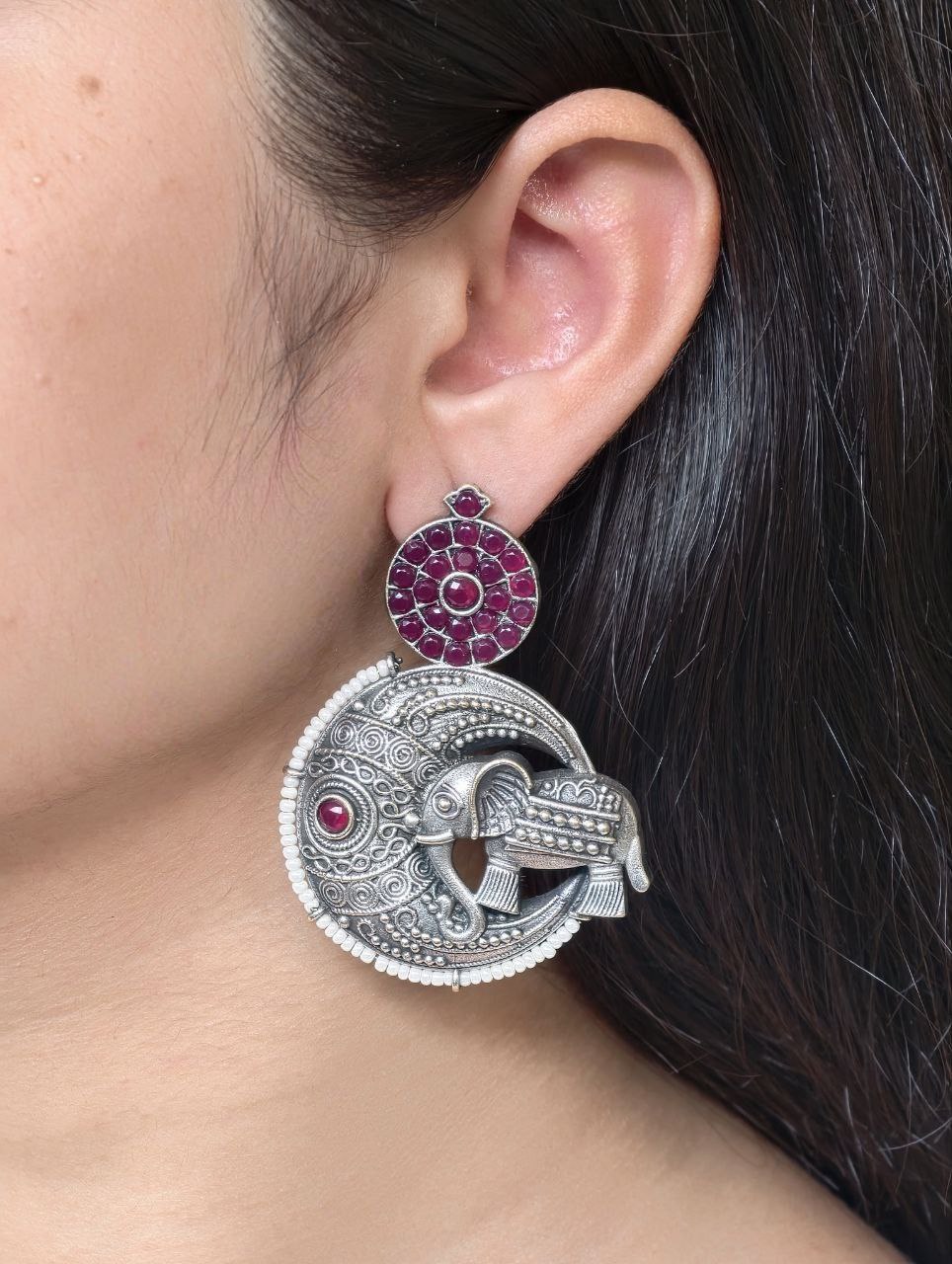 Traditional Elephant Design Earrings | Stone & Pearl Detailing Beautiful Jewelry Gift For Her